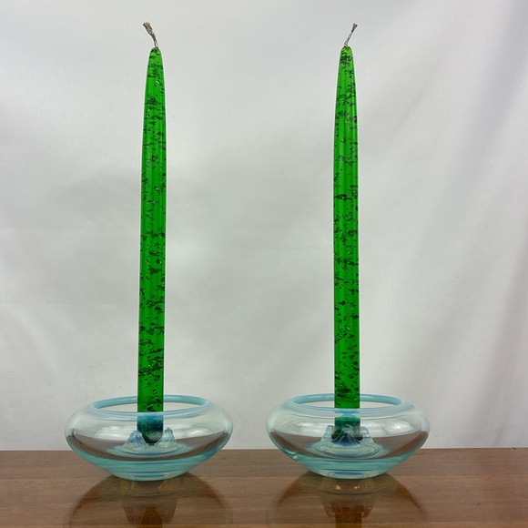 Vintage MCM fostoria seascape opalescent blue glass candle stick holders pair - Picture 6 of 8